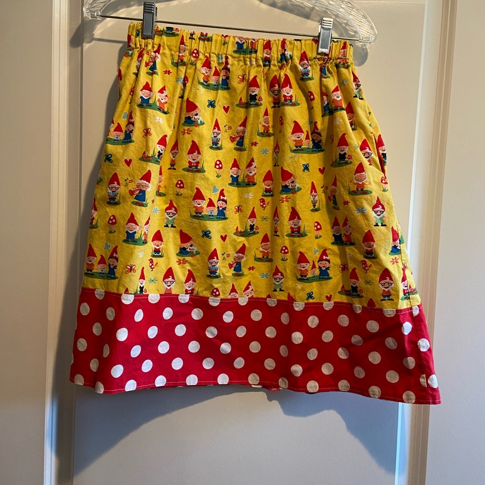 Homemade Gnome Print Skirt with Polka Dots in Excellent Preowned Condition